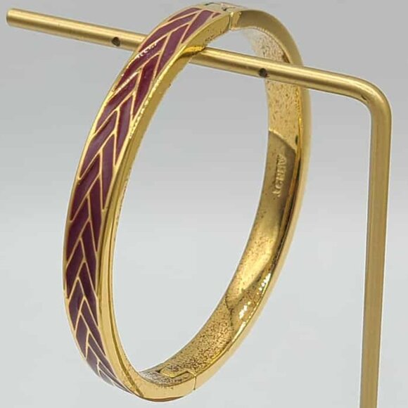 J Crew Gold Tone Dark Red Enamel Hinged Bangle Bracelet - Picture 2 of 8